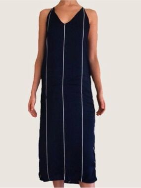 Faithful the Brand Slim Stripe Navy Midi Dress with Thin Straps and Button Sides